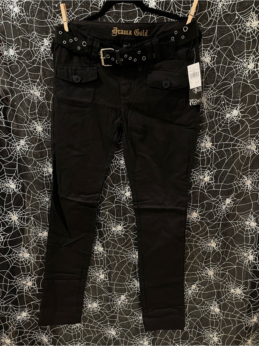 Drama Gold Women's Black Skinny Cargo Jeans with Studded Belt